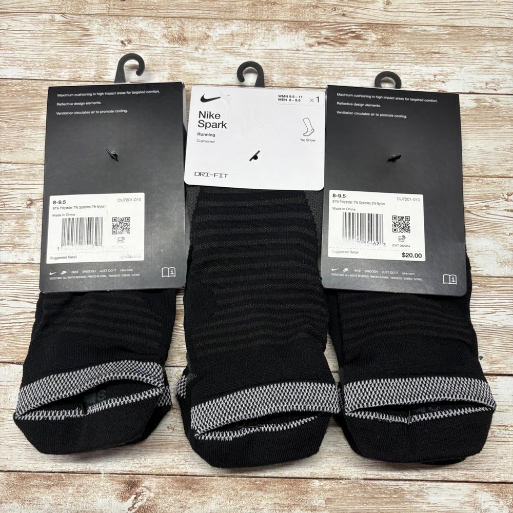 Nike Spark Running Socks Mens 8-9.5 Black No Show Cushioned Dri-FIT 3 Pairs